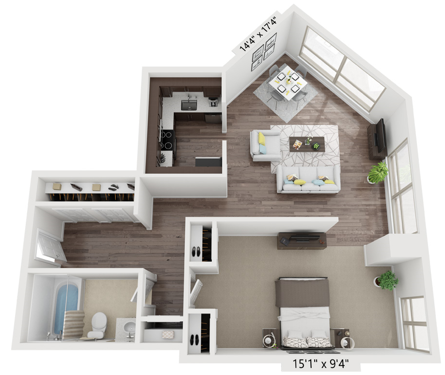 1 Bed 1 Bath Floor Plan | 593 Sq. Ft. at Presidential Towers, Illinois